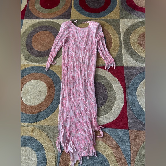 Dresses & Skirts - 100% Pure Silk Vintage Retro Pink Long Sleeve Dress Beaded Sequins Made in India